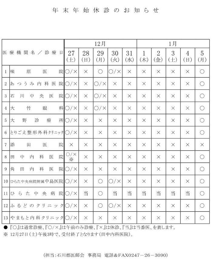 年末年始診療日程表