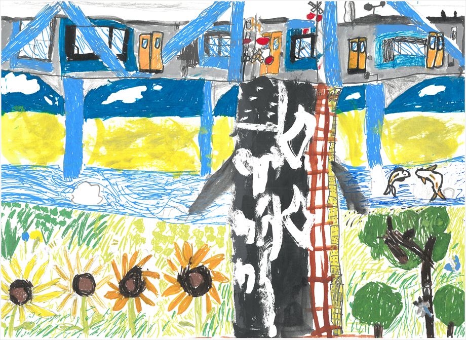 ひまわりと川のふみきり